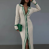 Fongt Slim Lapel Splicing Women's Long-Sleeved Cardigan Dress YF2334-Outfit