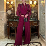 Fongt Famous Yuan Two Sets Of 2025 Autumn New Diamond V-Neck Splicing Mesh Suit High-Waisted Trousers Suit Female