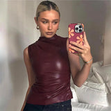 Women Y2K Vintage Pu Simple Basic Tank Top High Waist Skinny Shrunk Slash Cut Sleeveless Tops Versatile Noble Shirts-Outfit