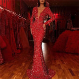Fongt Winter New Women's Dress Fishtail Red Bright Crystal Long Sleeve V-Neck Dress Long