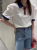 New 2022 Chic Korean Fashion Knitted Pullover Polo Collar Women Spring Summer Vintage Elegant Wild Lady Top