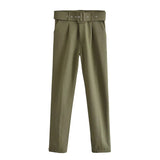 2024 New Pleated Multi-Color Harlan Pants Leisure Solid-Color Women's Pants Belt-Outfit