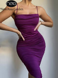 Ruched Summer Dress Adjustable Strap 2 Layer Elastic Backless Square Neck Split Asymmetric Midi Dress Purple robe