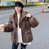Korean Version Of The Waist Down Jacket Female Short Style 2024 Winter New Thick Hat White Duck Down Triangle Logo Warm Coat Tide-Outfit