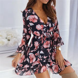 Women Summer Flower Print A-Line Dress Patchwork Design Ruffles Zipper Decor V-Neck Half Butterfly Sleeve High Waist Slim