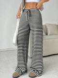 Fongt Autumn And Winter Women's New Casual Striped Solid Rubber Rope Cotton Straight Trousers