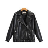 Fongt Autumn Dress Wash PU Leather Lapel Loose Large Version Leather Coat Female Jacket-Outfit