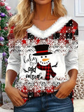 Fongt Wear 2024 New Christmas Elements Print Long Sleeve V Collar Women's T-Shirt-Outfit