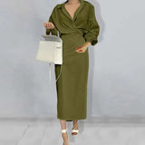 Fongt 2024 New Women's Wear Temperament Elegant Solid Color Long Sleeve Lapel Slim Dress