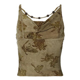 Print Knit Beaded Sling Small Vest Female 2024 Spice Girl Pleated Swing Collar Show Back New Top-Outfit