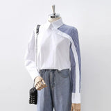 Women White Shirt Vintage Long Sleeve Cotton Blouse Striped Turn-Down Collar Elegant Office Wear Fall Spring Design Tops 1028-0-Outfit