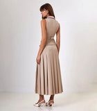 Buttoned Vest And Pleated Midi Skirt Two Piece Set-Outfit