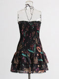 Spring 2025 New Fashion Sexy Hanging Neck Wrinkles Waist Print Design Short Tective Bag Hip
