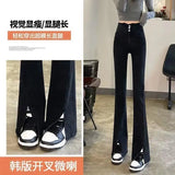 Fongt Waist Jeans Female Spring And Autumn New Slim Slim Straight Wide Leg Open Slit Micro Bell Pants-Outfit