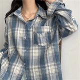 Vintage Oversized Plaid Long Sleeve Blouse-Outfit