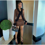 Tie Up Feather Leopard Print Tie Up Top And Mini Skirt Set-Outfit