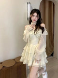 Summer Long Sleeve Elegant Mini Dress Lolita Pure Color Short Party Dress Woman Casual Sweet One Piece Dress Korean Fashion 1028-1-Outfit