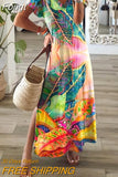 Short Sleeve Holiday Dress For Women Vintage Print V Neck Maxi Party Dress Elegant Ladies Loose Long Retro Dress