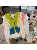 New Fashion Rainbow Striped Stitching Knitted Sweater Korean Style V-Neck Ruffled Long Sleeved Casual Outer Women