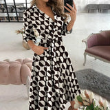 Fongt New Fall 2024 Fashion Print Long Sleeve V Neck / Hip Commuter Dress