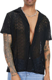 Fongt New Fashion Men's Casual Short-Sleeved Lace Collar Button Hollow Cool Perspective Shirt