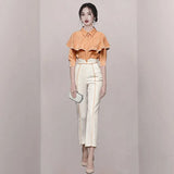 2022 New Fashion Women's Casual Temperament Ruffled Shirt Two-Piece Sets +High Waist Long Pants