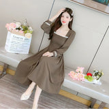 Fongt Summer New French Square Collar Solid Color Long Sleeve Sweet Temperament Show Thin Reduce Age In The Long Dress-Outfit