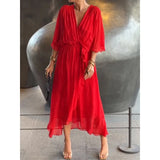 Fongt New Women's Solid Color With Long Skirt Bat Sleeve Irregular Dress Large