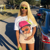 Fongt Basic Round-Neck Portrait Print Short-Sleeved T-Shirt Girl Summer Bhuff Loose Casual