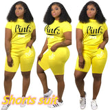 Summer Tracksuit Set Pink Letter Print Top + Biker Shorts Suits Bodycon Casual Two Piece Set Sport Outfits