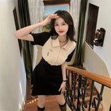 Sleeve Dress Women Summer Retro Tender French Style High Waist Design Patchwork Side-slit Elegant Chic Office Lady New