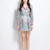 Fongt Retro Elegant Suit Collar Long Sleeves With Waist Print Dress Women's Thin Temperament Single Buckle A Skirt