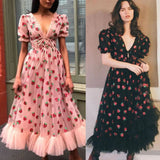 Sweet Pink Mesh Long Strawberry Dress Korean Fashion V-neck Embroidery Sequins Tunic Party Dress Holiday Midi Dresses-Outfit