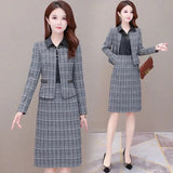 Plaid 2 Piece Dress Sets Spring Fall Elegant Long Sleeve Cropped Jacket Slim Ol Lapel Dresses Suits Oversize 4xl