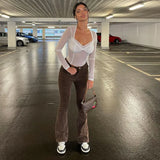 Fongt Women's Spring / Summer 2023 Sexy Mesh Wood Ear Lace Perspective Long Sleeve Top-Outfit