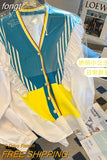 New Fashion Rainbow Striped Stitching Knitted Sweater Korean Style V-Neck Ruffled Long Sleeved Casual Outer Women