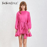 TWOTWINSTYLE 2022 Summer A Line Women's Dress O Neck Long Sleeve High Waist Sashes Slim Rose Color Mini Dresses Female