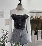 Real Shooting Denim Splicing Mesh Design Long-Sleeved T-Shirt Wearing Rope Tie Short Repair Body Coat