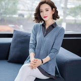 Patchwork Sweater Women Casual Loose Fake Two Piece Knit Tops Spring Fall Lapel Pullover Korean Mom Knitwear Jumper