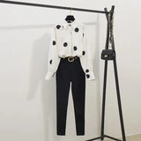 Spring Women Long Sleeves Dot Shirts + Slim Pants 2 pcs Sets Female Fashion Suits
