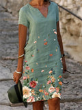 Floral Printed Linen Sleeve Midi V-neck