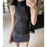 Wrinkle Waist High Collar Sleeveless Vest For Women In Spring And Summer The New Style Waist Shows Thin Black