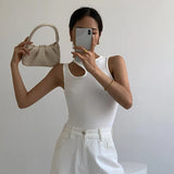 Fongt Hipster High Street Wind 2024 Summer Round Collar Side Irregular Hollow Out Design Women's Solid Color Slim Small Vest-Outfit