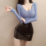 Slim High Quality Plain T Shirt Women Cotton Elastic Summer Female Crop Top Long Sleeve Sexy Thin T-shirt See Through-Outfit