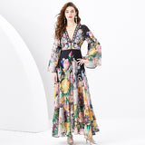 Fongt Retro Court Style Dress Female Design Horn Sleeves Long Chiffon Leaf-Side Skirt