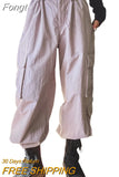 Drawstring Cargo Style Parachute Pants Basic Pockets Baggy Trousers Women Sporty Y2K Teachwear