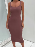 Women Knitted Ribbed Midi Dress Sleeveless Square Neck Solid Color Tank Dress Slim Backless Hollow Out Party Vestidos-Outfit