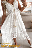 Casual Women V Neck Beach Dress Lace Patchwork Solid Bohemian Maxi Dress Hollow Out Sleeveless Female Slim Tassel