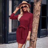 Fongt Autumn And Winter Women's Casual Solid Color Knit High-Neck Long-Sleeved Dress Women-Outfit