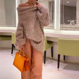 Fongt Autumn And Winter New Solid Color Sequins Hot Style Inclined Shoulder Loose Lazy Lazy Wind Sweater Female-Outfit